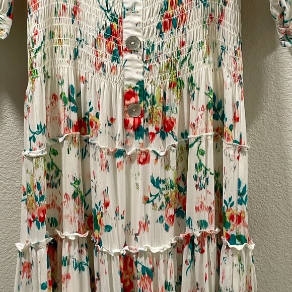 (NWT) FIGUEROA & FLOWER Short Sleeve Smocked Maxi Floral Dress, Ivory/Pink - L - Picture 3 of 16